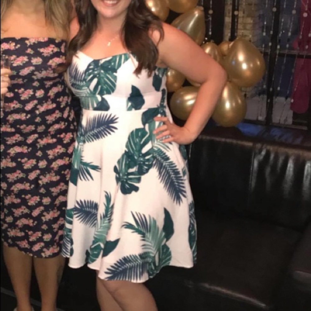 Pink palm print fit and flare dress